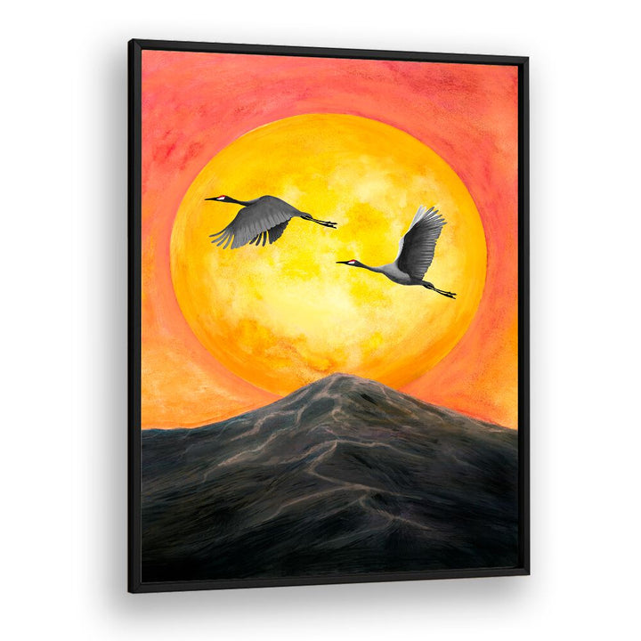 Colorful sunset landscape painting featuring cranes, titled ON OUR WAY, LANDSCAPE PAINTINGS, perfect for home decor.