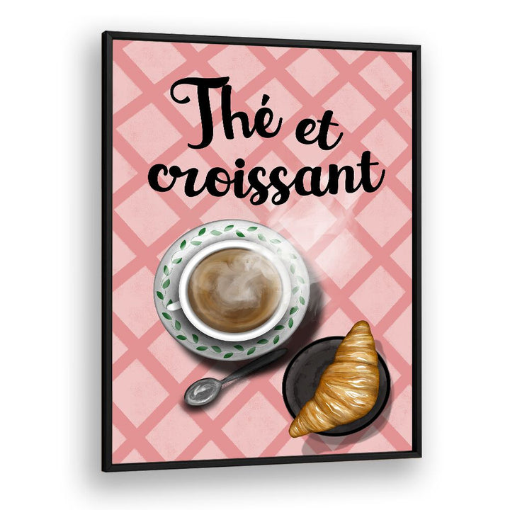 Delight in café vibes with THE ET CROISSANT, BAR art featuring coffee and a croissant on a chic pink background.
