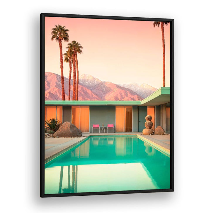 MOTEL 66 PALM SPRINGS, BEACH PAINTINGS showcase mid-century design with a vibrant pool and stunning mountain backdrop.