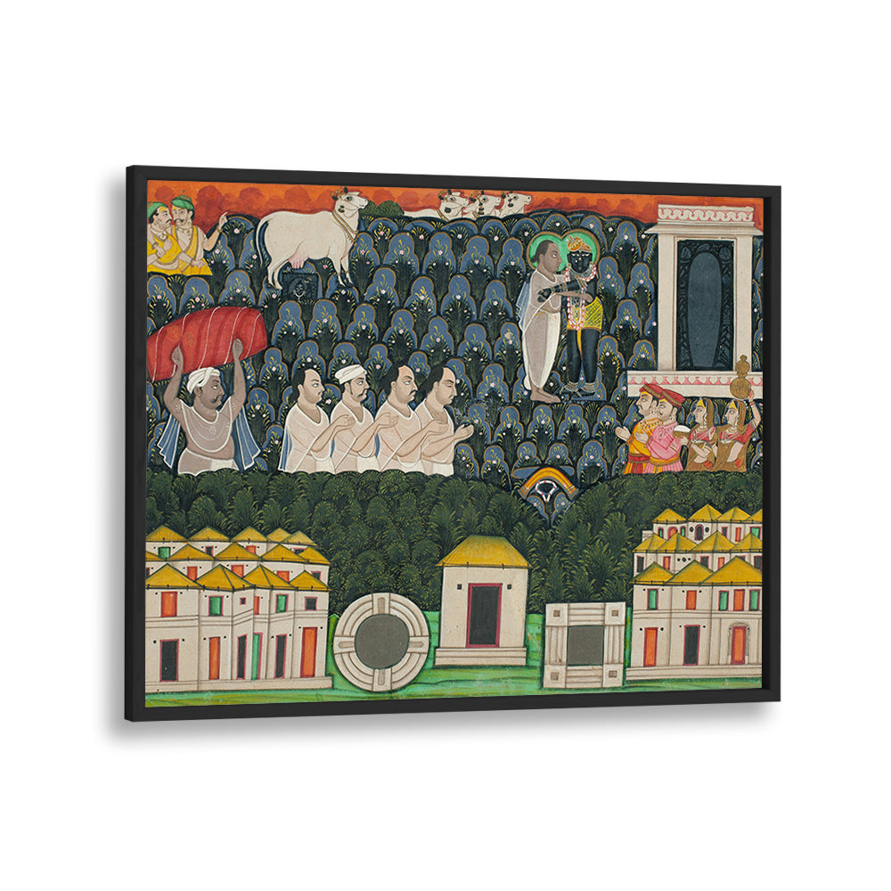 PRATHAM MILAN SHRINATHJI REVEALING HIMSELF TO VALABHACHARYA ON MOUNT GOVARDHAN  SACRED ENCOUNTER ON MOUNT GOVARDHAN , INDIAN ART PAINTINGS