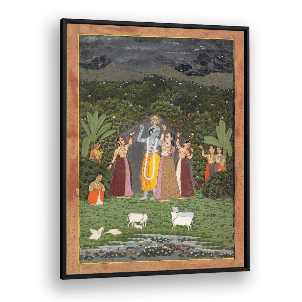 KRISHNA AND THE GOPIS TAKE SHELTER FROM THE RAIN , INDIAN ART PAINTINGS