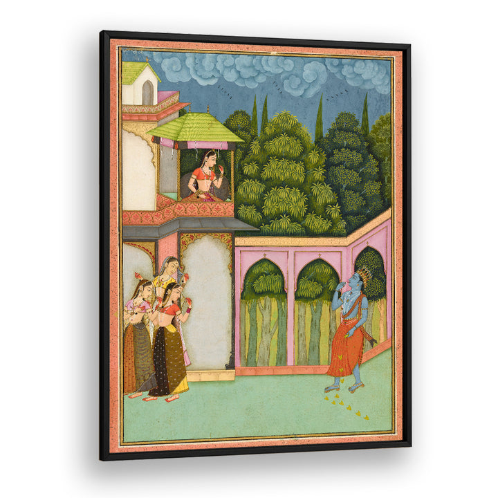 KRISHNA APPROACHES RADHA , INDIAN ART PAINTINGS