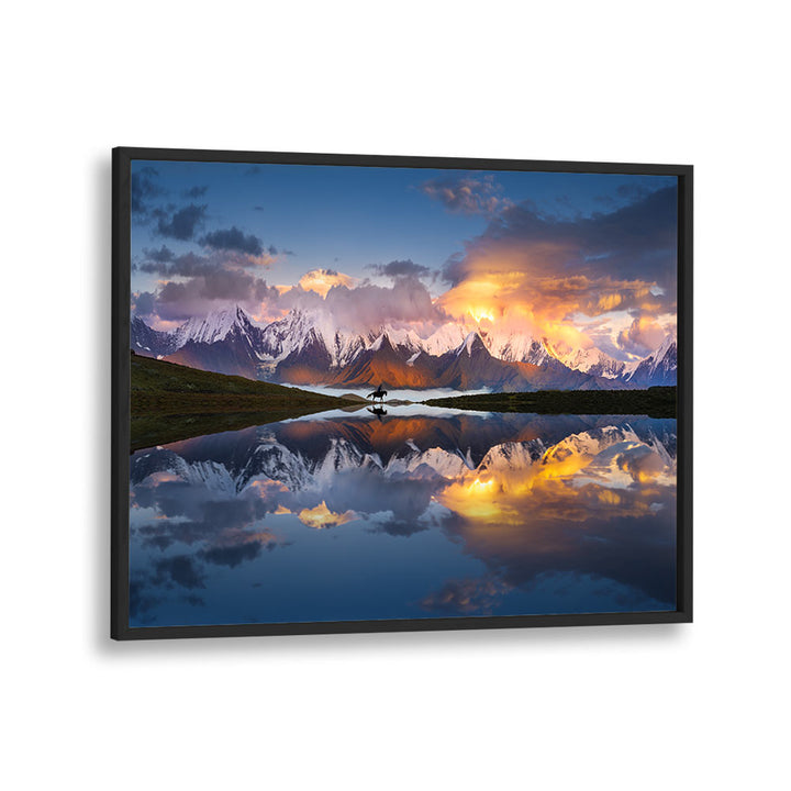 Breathtaking sunset reflecting on tranquil waters of MOUNTAINS IN SICHUAN, PHOTOGRAPHY PRINTS for stunning decor.