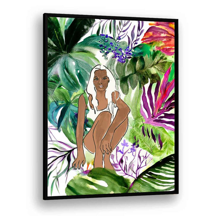 Vibrant SUDDEN SHIFT, PORTRAITS artwork featuring a figure surrounded by lush foliage, showcasing expressive artistry.