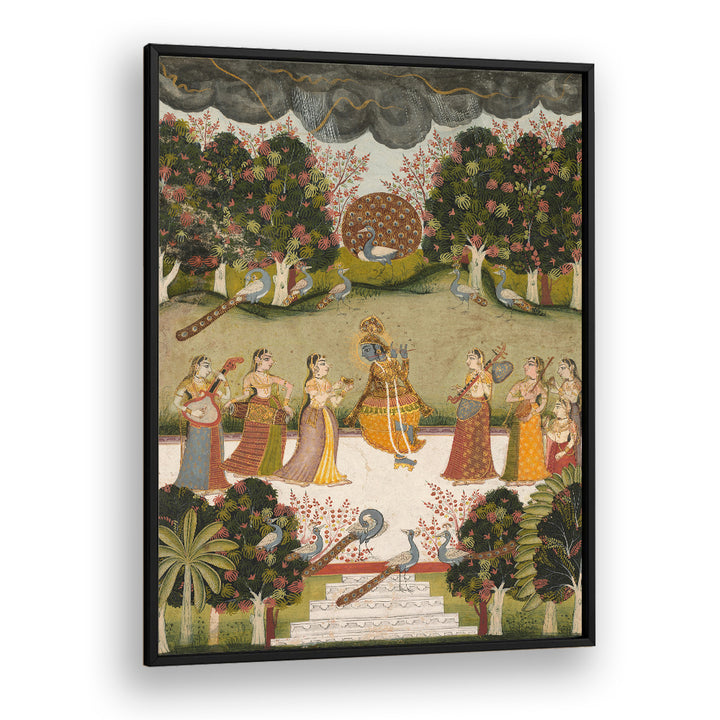 KRISHNA PLAYING THE FLUTE TO SEVEN GOPIS HOLDING MUSICAL INSTRUMENTS , INDIAN ART PAINTINGS