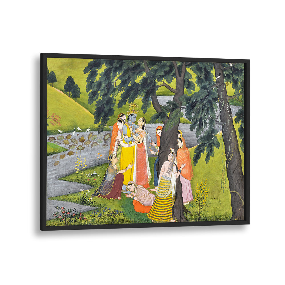 KRISHNA AND THE GOPIS ON THE BANK OF THE YAMUNA RIVER , INDIAN ART PAINTINGS