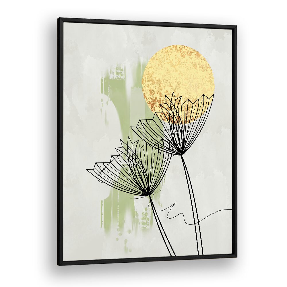 Stunning ABSTRACT BOTANICAL, FLORAL FLOWER PAINTINGS feature elegant flowers and a golden sun, perfect for modern decor.