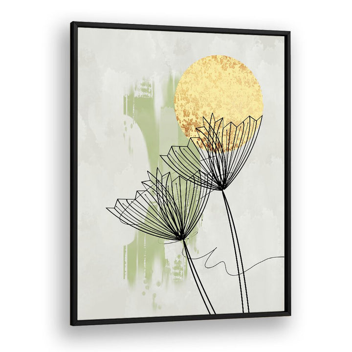 Stunning ABSTRACT BOTANICAL, FLORAL FLOWER PAINTINGS feature elegant flowers and a golden sun, perfect for modern decor.