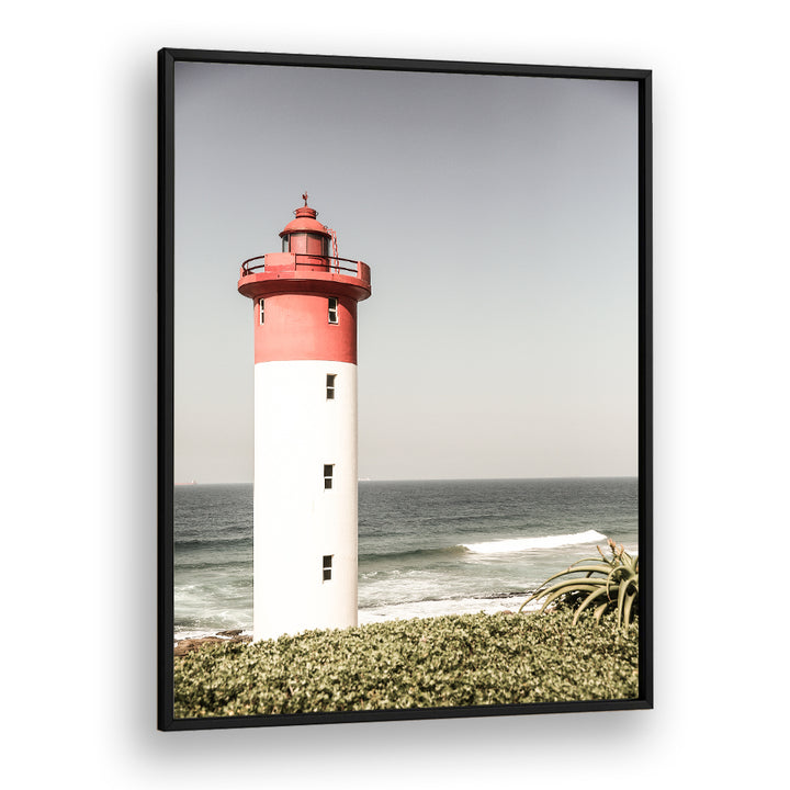 Framed lighthouse print on coastal cliff with sea waves — BEACON BY THE SEA , BEACH PAINTINGS