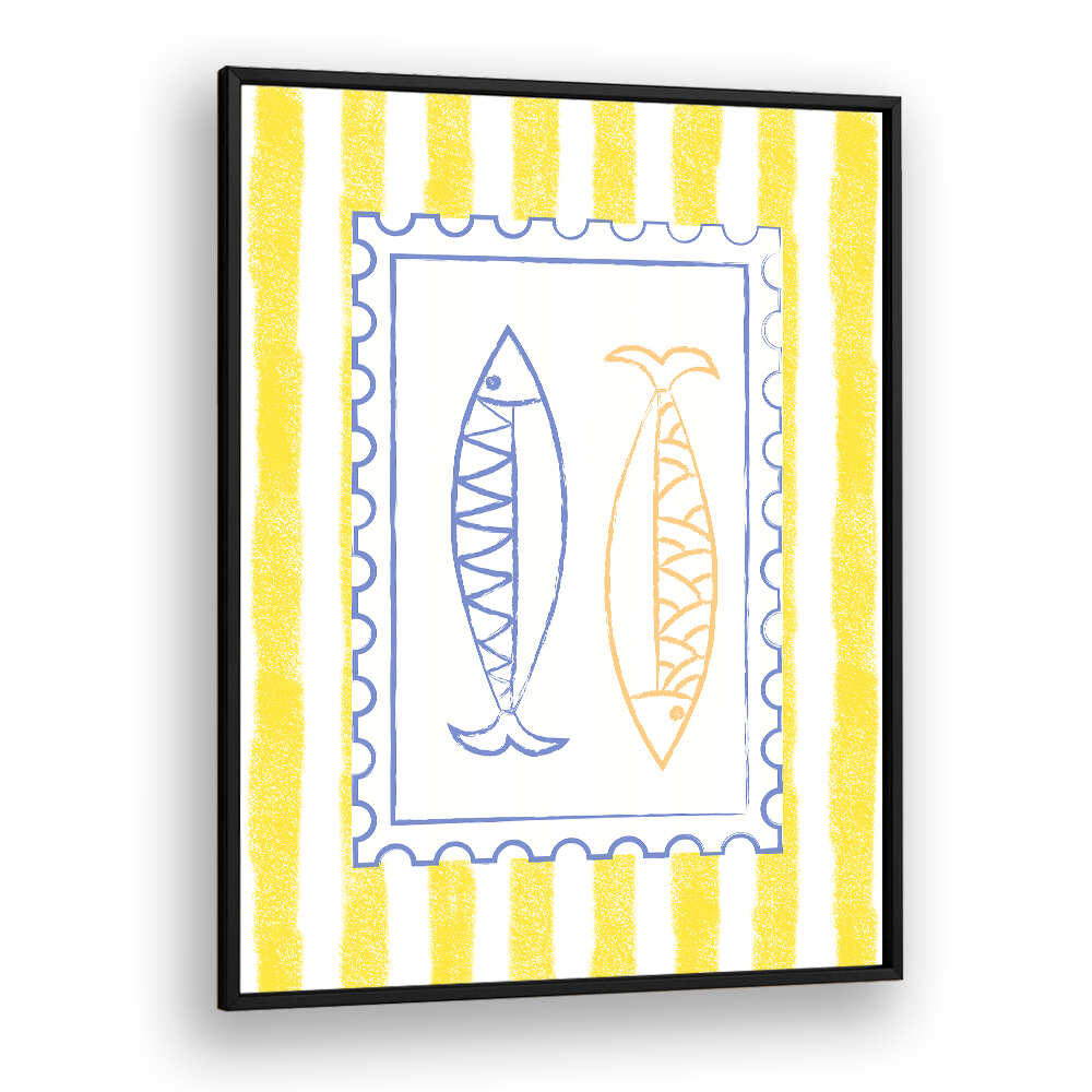 FISH STAMP ON YELLOW STRIPES , KITCHEN POSTERS