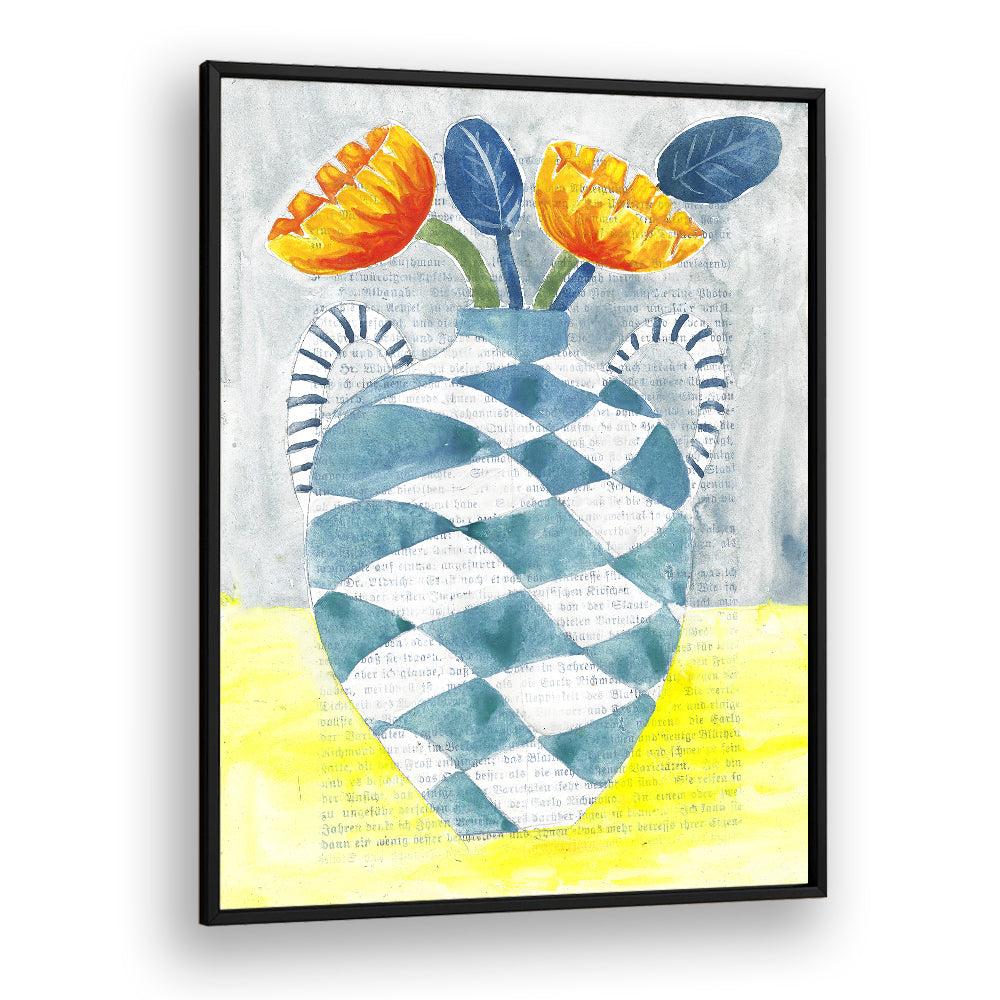 CHECKERED VASE ORANGE FLOWERS