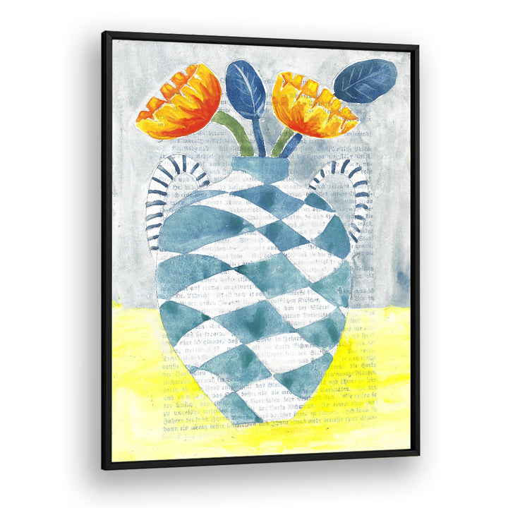CHECKERED VASE ORANGE FLOWERS