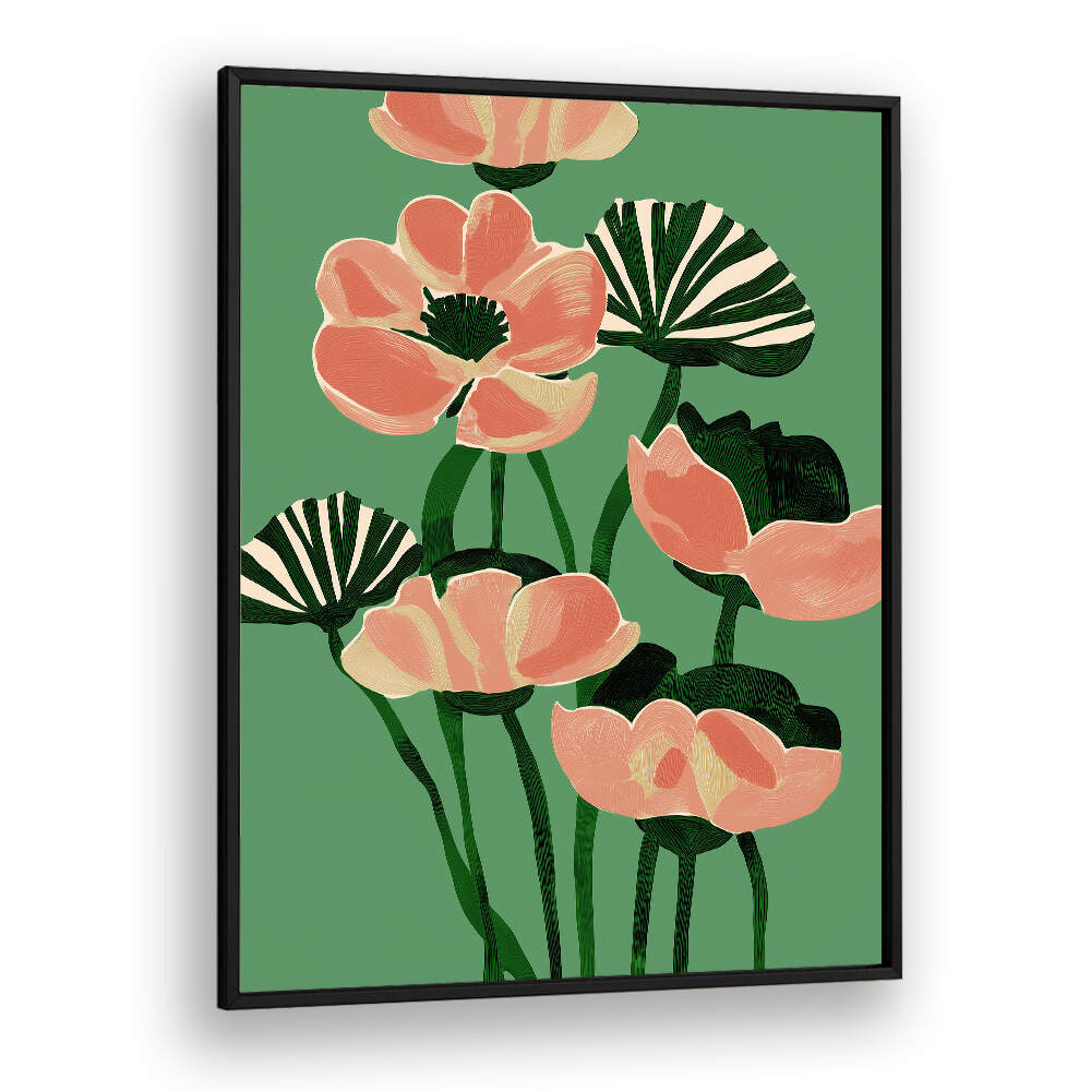 CORAL POPPIES ON GREEN , FLORAL FLOWER PAINTINGS