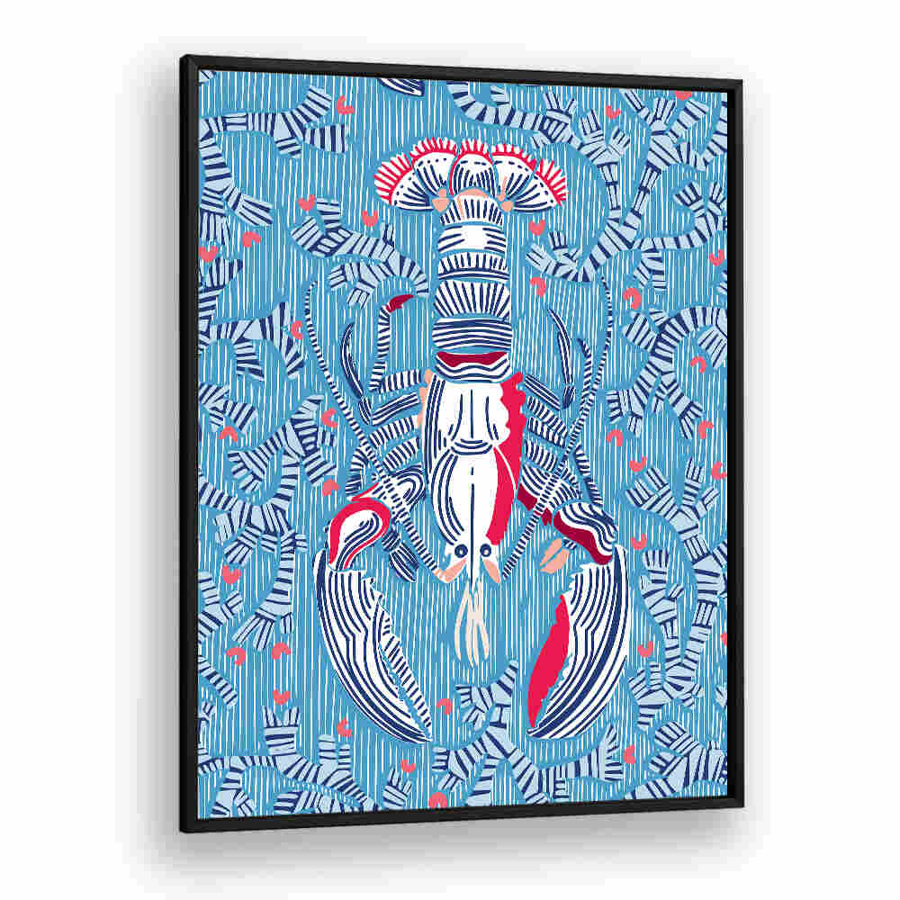 Vibrant CRUSTACEAN Beach Paintings showcase a lobster against a blue backdrop, perfect for coastal-inspired decor.