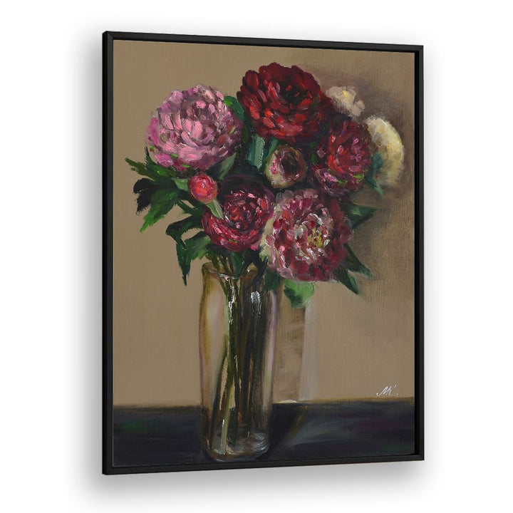 DARK RED PEONIES IN GLASS VASE