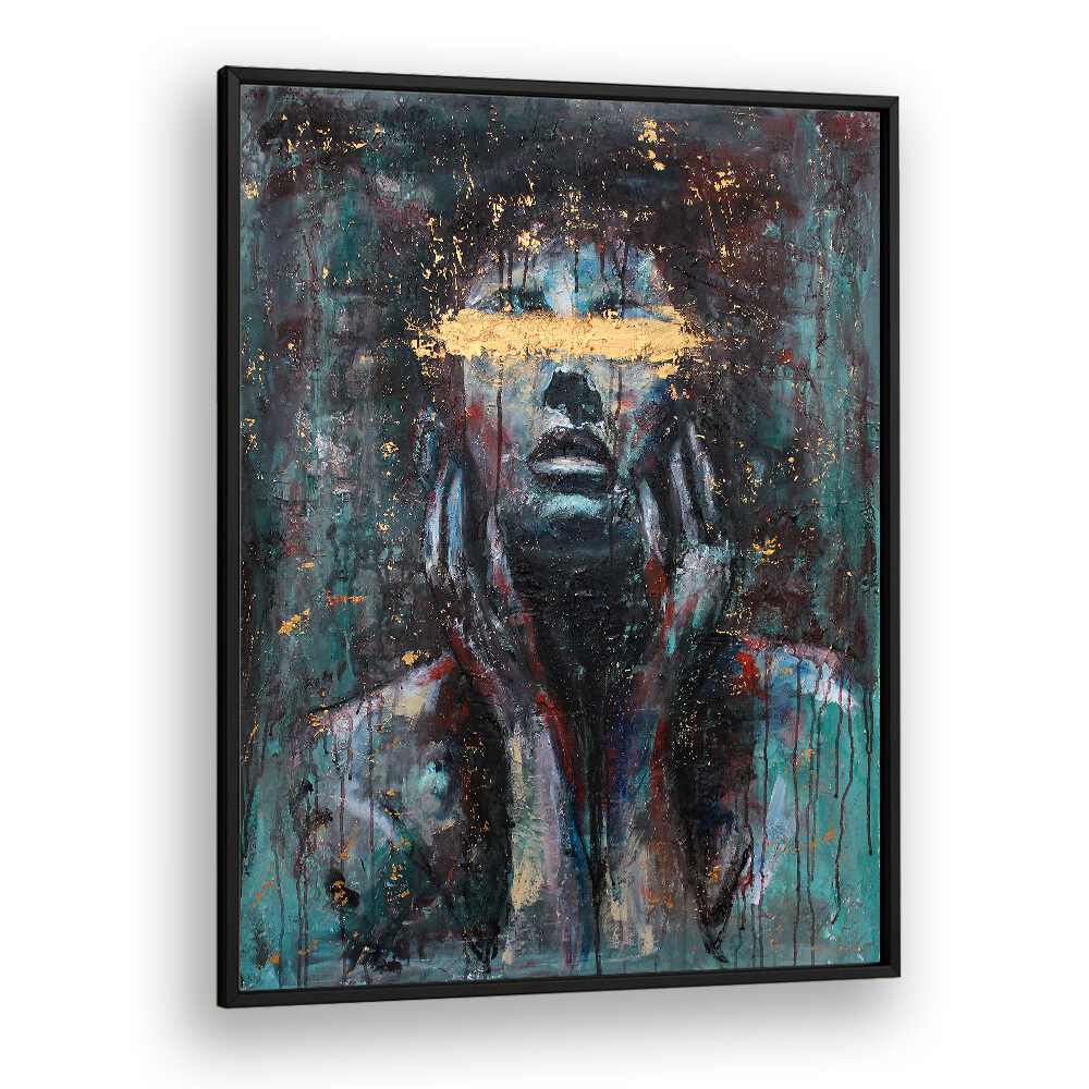 Striking ENLIGHTENED, PORTRAITS artwork featuring a soulful figure with gold accents, perfect for home decor.