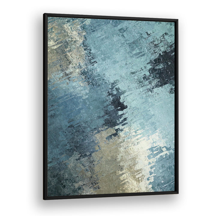 FRACTURED REFLECTION, ABSTRACT PAINTINGS showcase stunning blues and golds, perfect for modern decor enthusiasts.