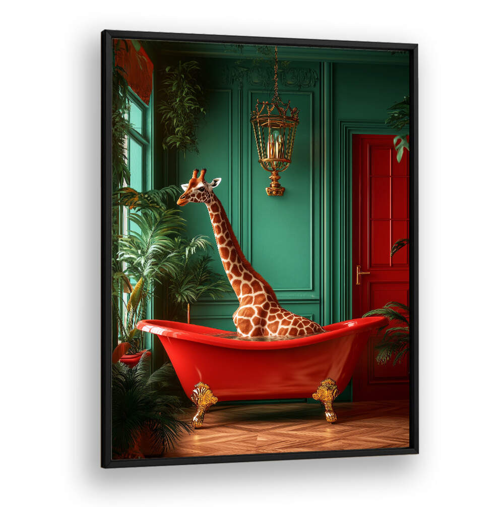 GIRAFFE IN THE BATHTUB TROPICAL ANIMALS , BATHROOM ART PRINTS