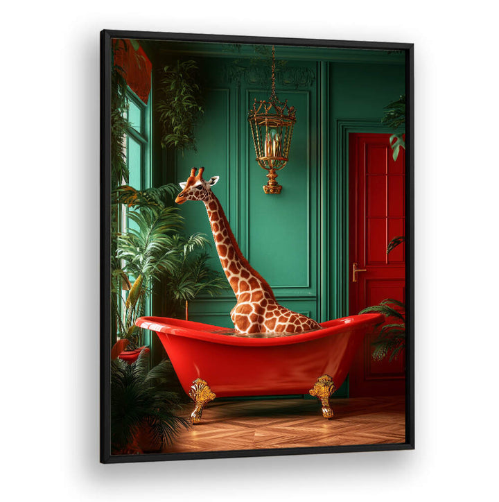 GIRAFFE IN THE BATHTUB TROPICAL ANIMALS , BATHROOM ART PRINTS