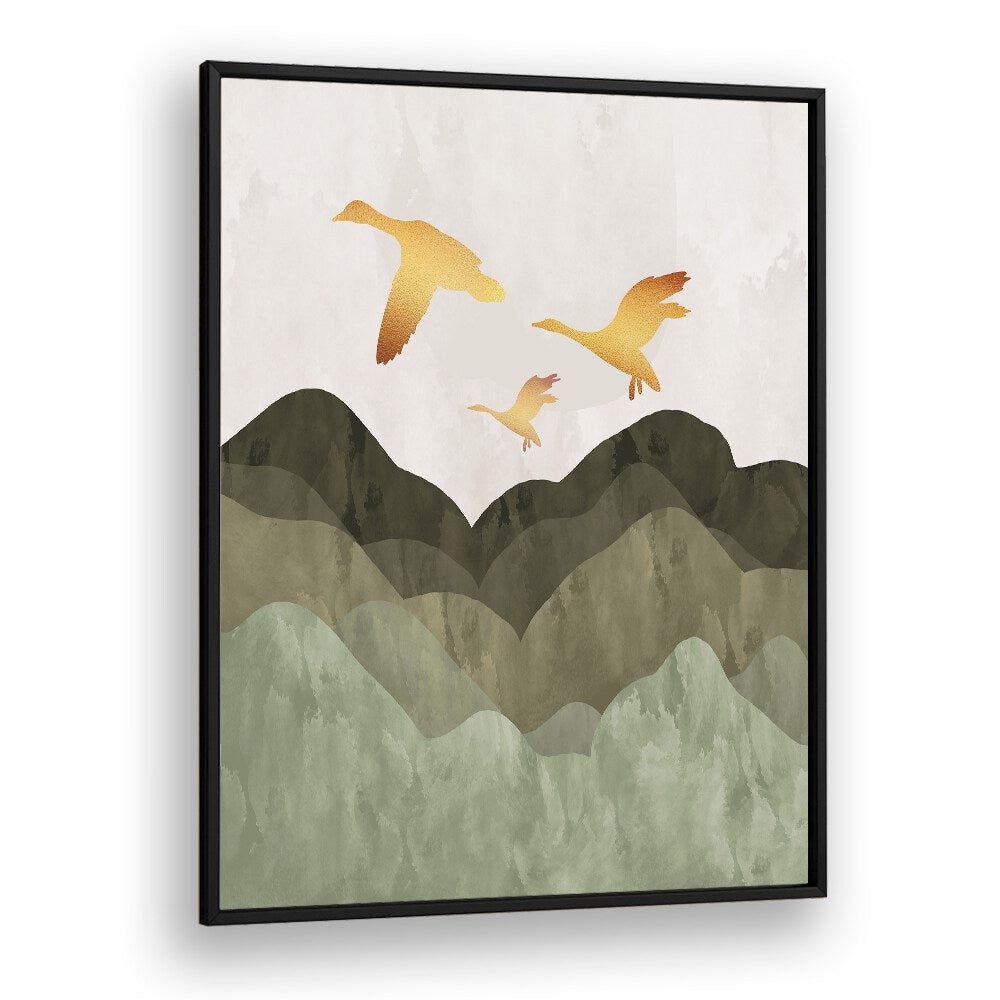 Golden birds flying over serene mountains in beautiful landscape paintings, perfect for enhancing your living space.