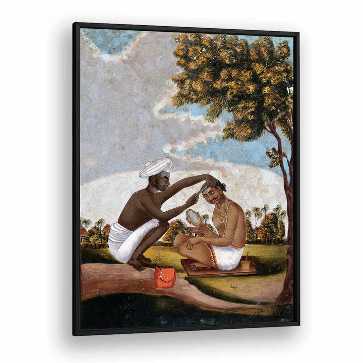 HINDU BARBER SHAVING A MAN'S HEAD
