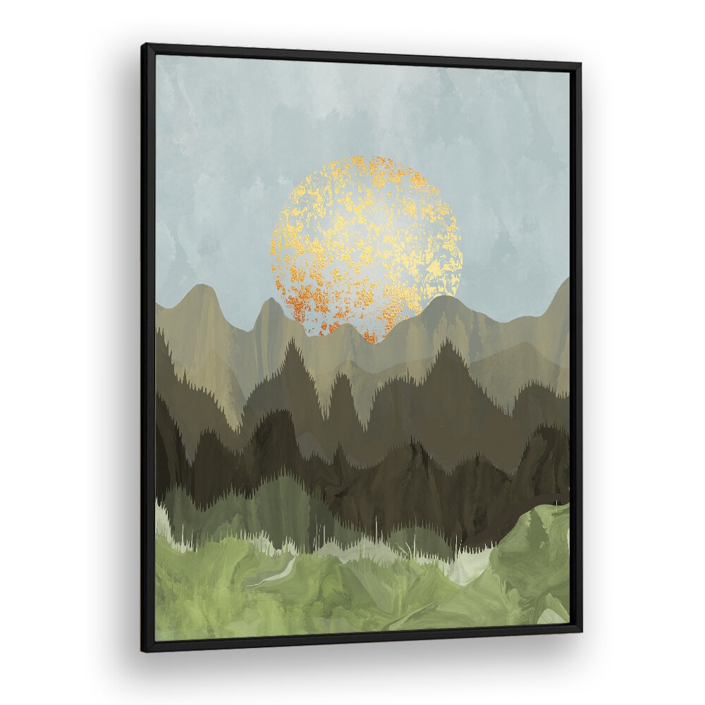Stylish MOUNTAIN VIEW, LANDSCAPE PAINTINGS featuring serene mountains and a golden sun, perfect for nature lovers.