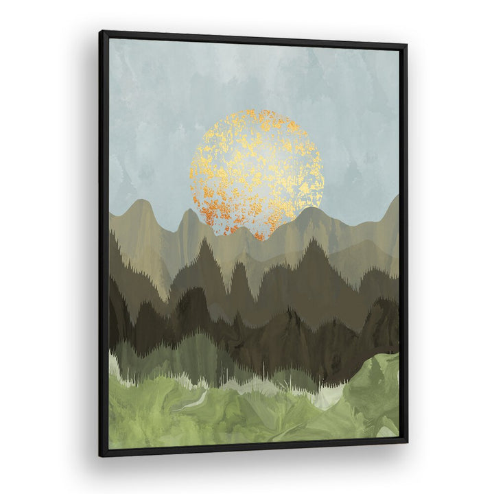 Stylish MOUNTAIN VIEW, LANDSCAPE PAINTINGS featuring serene mountains and a golden sun, perfect for nature lovers.