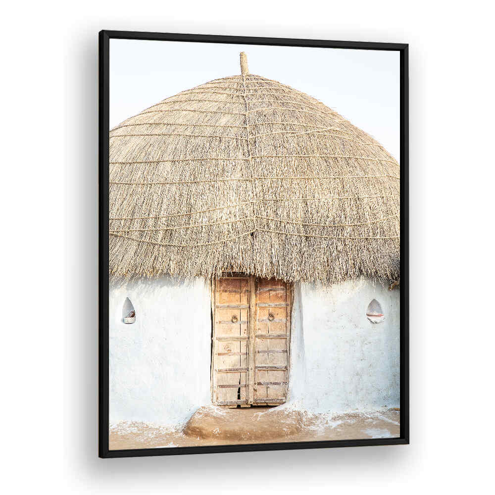 THATCHED HAVEN , INDIAN ART PAINTINGS by BLACKPLAIN showing a rustic Indian thatched hut with wooden door
