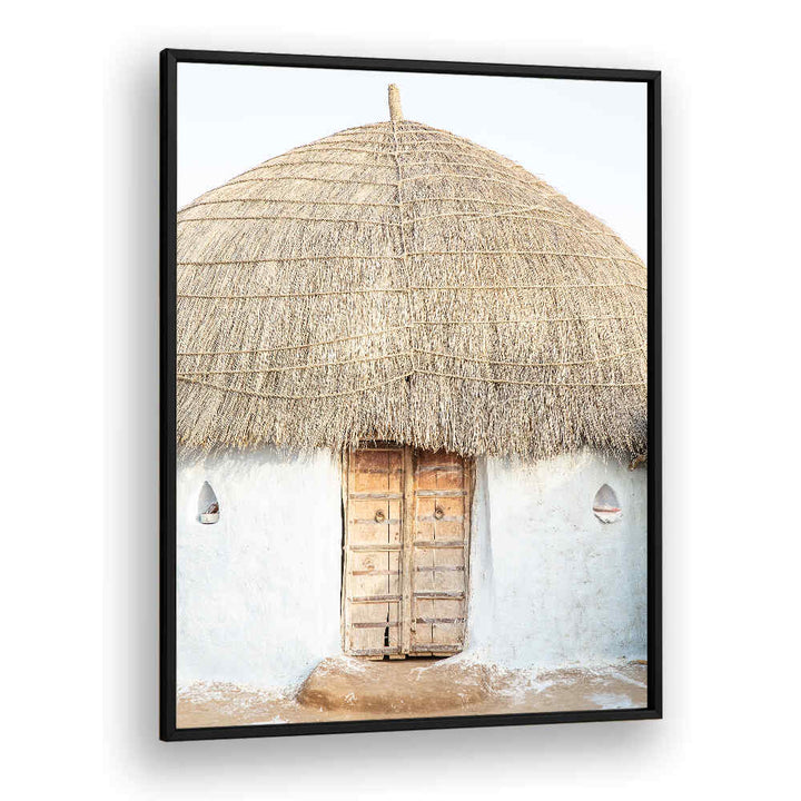 THATCHED HAVEN , INDIAN ART PAINTINGS by BLACKPLAIN showing a rustic Indian thatched hut with wooden door