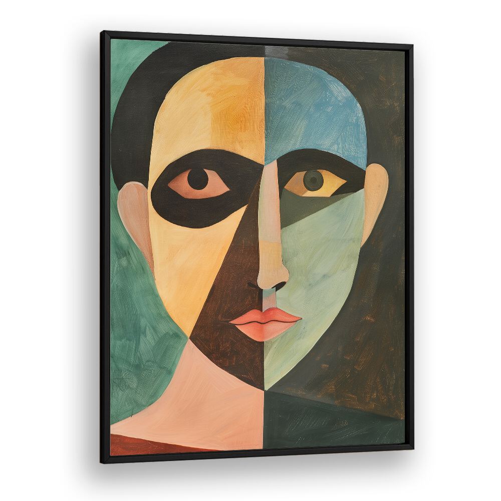 Colorful artwork titled "THE MAN IN GREEN, PORTRAITS," showcasing unique figurative illustrations and abstract features.
