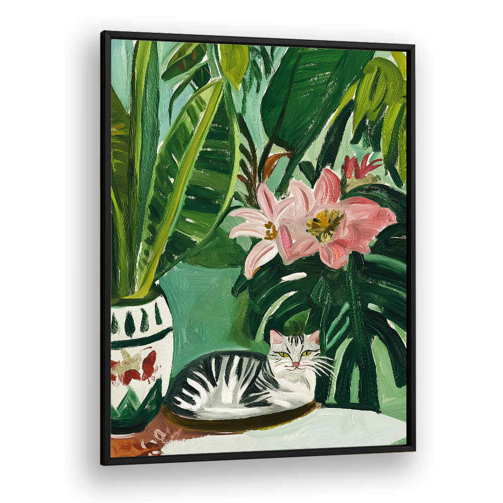 TROPICAL MUSE WITH CAT , FLORAL FLOWER PAINTINGS