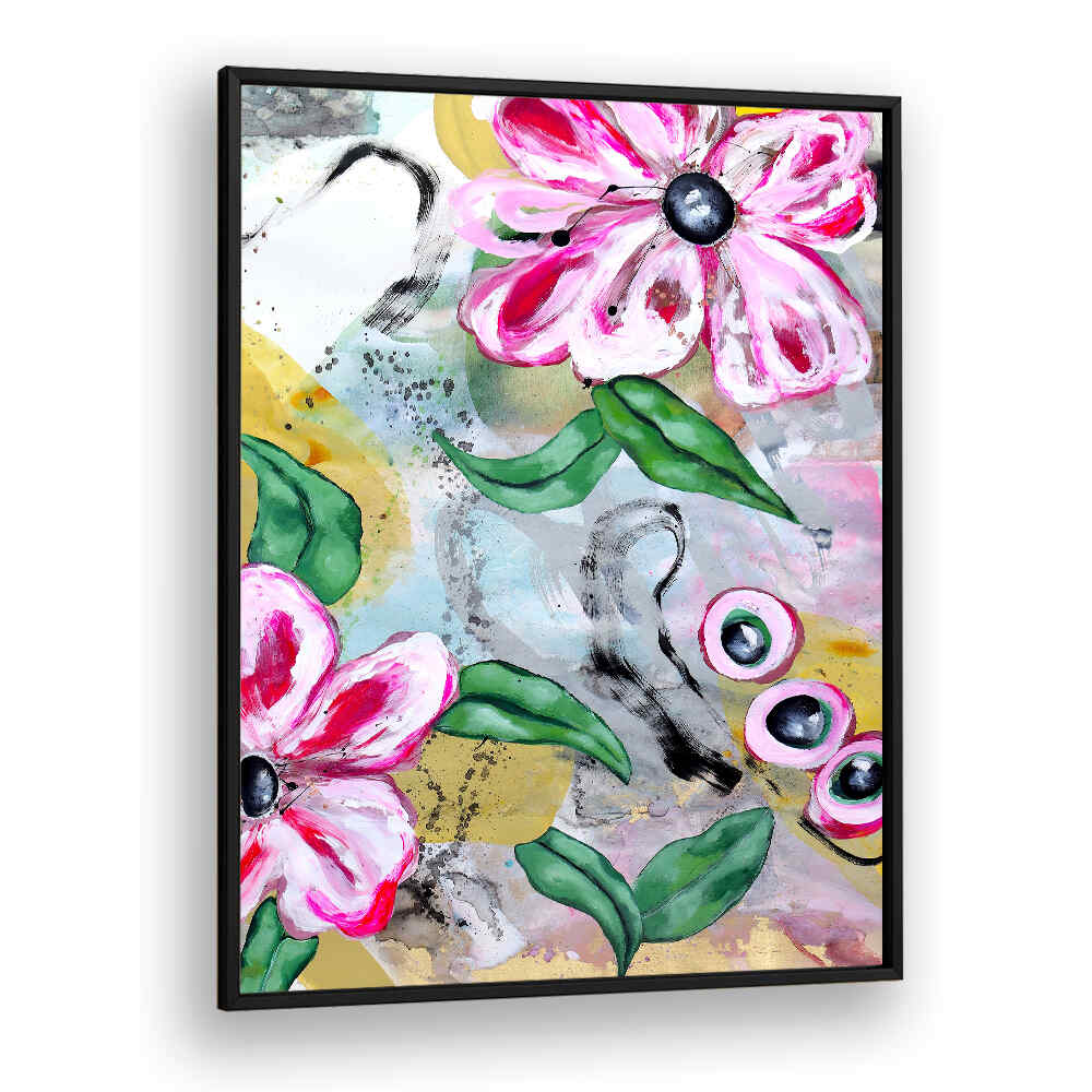 VIBRANT PINK FLOWERS AND GREEN LEAVES , FLORAL FLOWER PAINTINGS