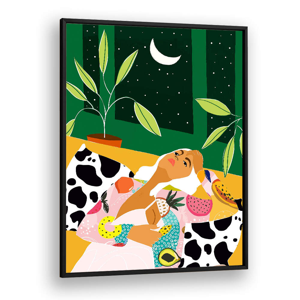 WOMAN RELAXING UNDER A CRESCENT MOON , FASHION POSTERS