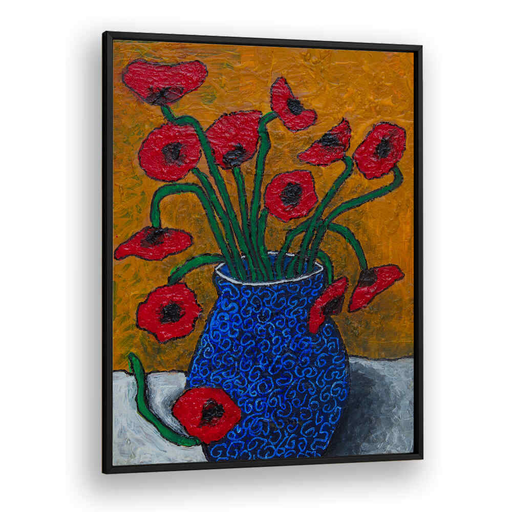 Vibrant POPPIES, FLORAL FLOWER PAINTINGS in a blue vase, adding elegance and color to any space. Perfect for decoration.