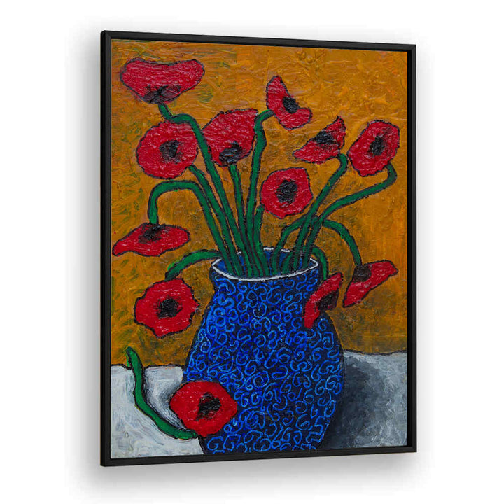 Vibrant POPPIES, FLORAL FLOWER PAINTINGS in a blue vase, adding elegance and color to any space. Perfect for decoration.