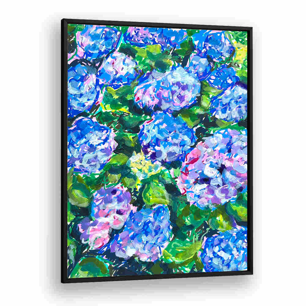 HYDRANGEAS , FLORAL FLOWER PAINTINGS — BlackPlain framed painting of vivid blue and pink hydrangea clusters