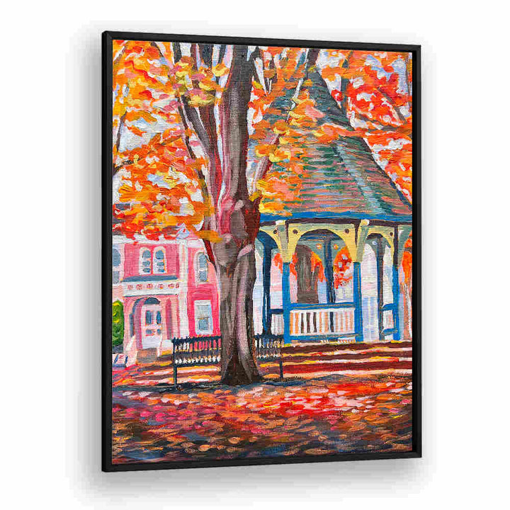 CORN HILL , LANDSCAPE PAINTINGS autumn gazebo scene with large tree, bench and red Victorian house