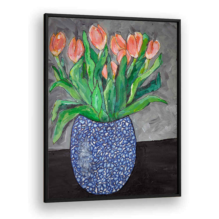 Vibrant tulips in a blue vase create a serene atmosphere in TULIPS IN BLUE VASE I, FLORAL FLOWER PAINTINGS.