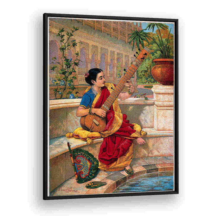 A SEATED INDIAN WOMAN PLAYS A SITAR NEXT TO A GARDEN POND , INDIAN ART PAINTINGS