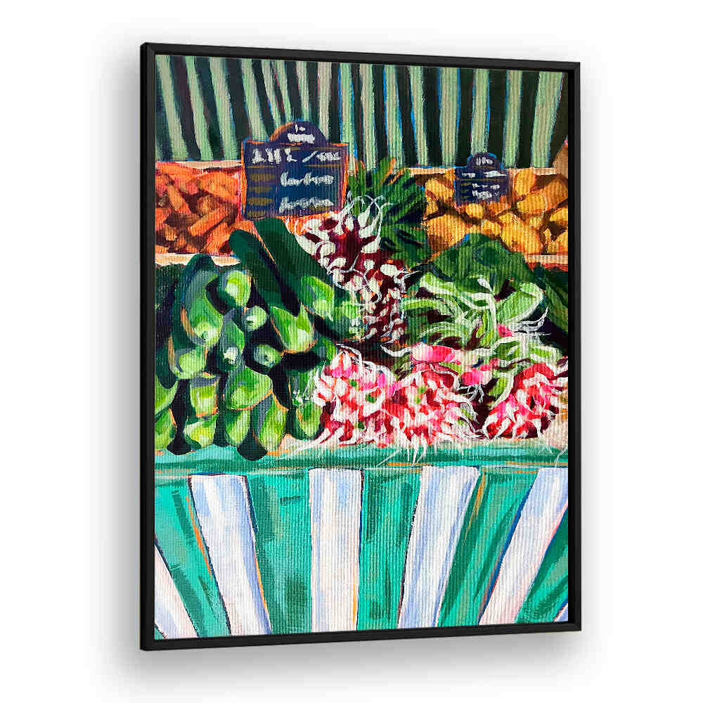 RAVISHING RADISHES , KITCHEN POSTERS framed market-style radish illustration with striped awning and leafy greens