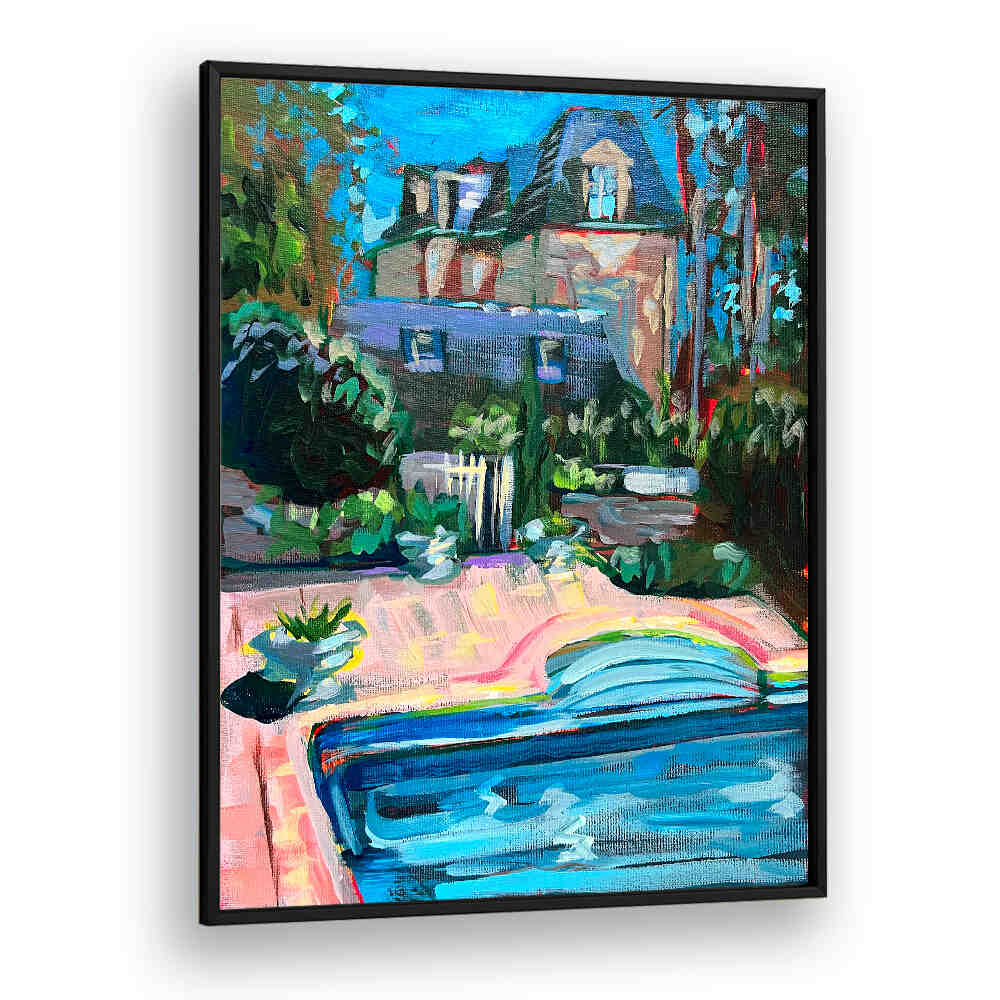 CHÂTEAU DE LA VIGNE , LANDSCAPE PAINTINGS by Blackplain: vibrant vineyard chateau with sunlit rows, garden terrace and pool