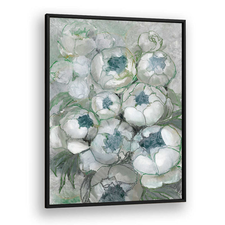 NURIA BOUQUET OF PEONIES IN TEAL AND GREEN , FLORAL FLOWER PAINTINGS