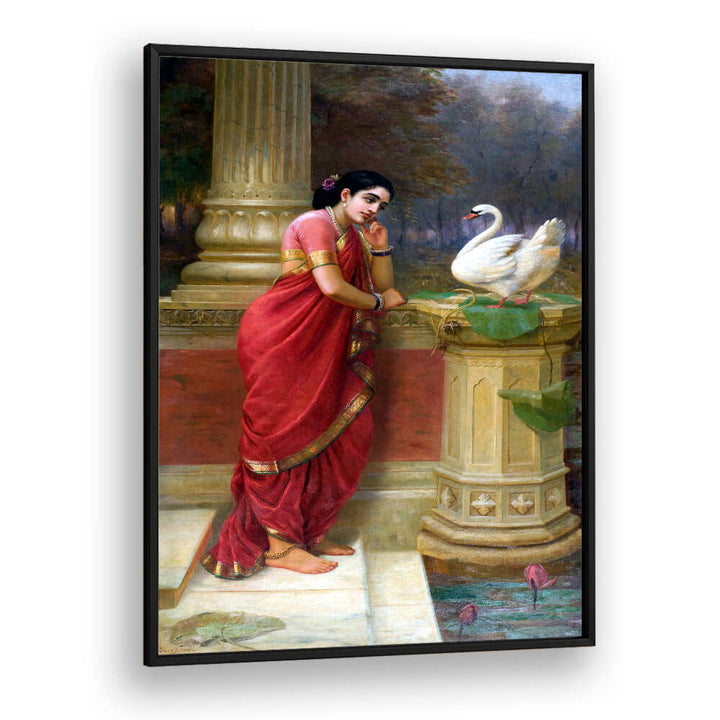 RAVI VARMA PRINCESS DAMAYANTHI TALKING WITH ROYAL SWAN ABOUT NALA , INDIAN ART PAINTINGS