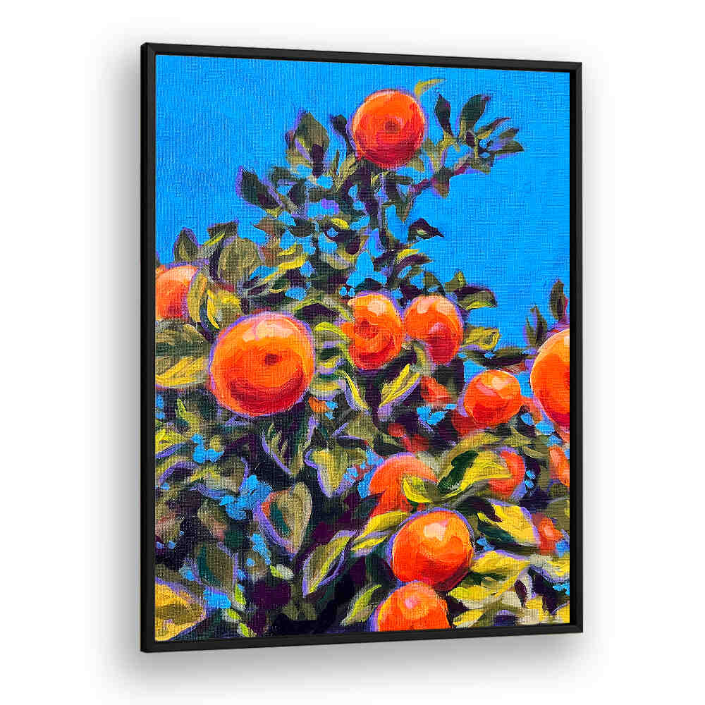 Vibrant framed SEVILLE ORANGES , KITCHEN POSTERS showing sunlit citrus on leafy branches against bright blue sky
