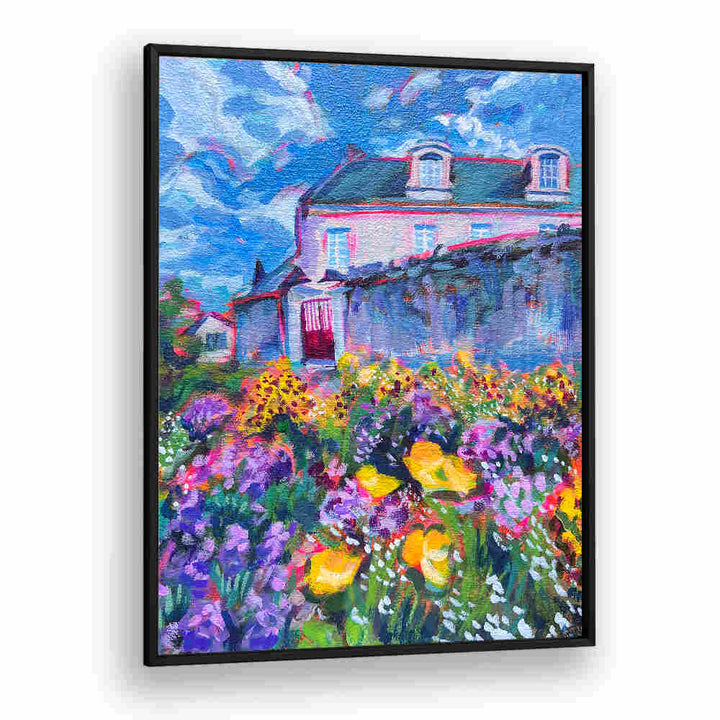 FLEURS , LANDSCAPE PAINTINGS showcasing vibrant flower-filled foreground, cottage and radiant sky for serene home décor