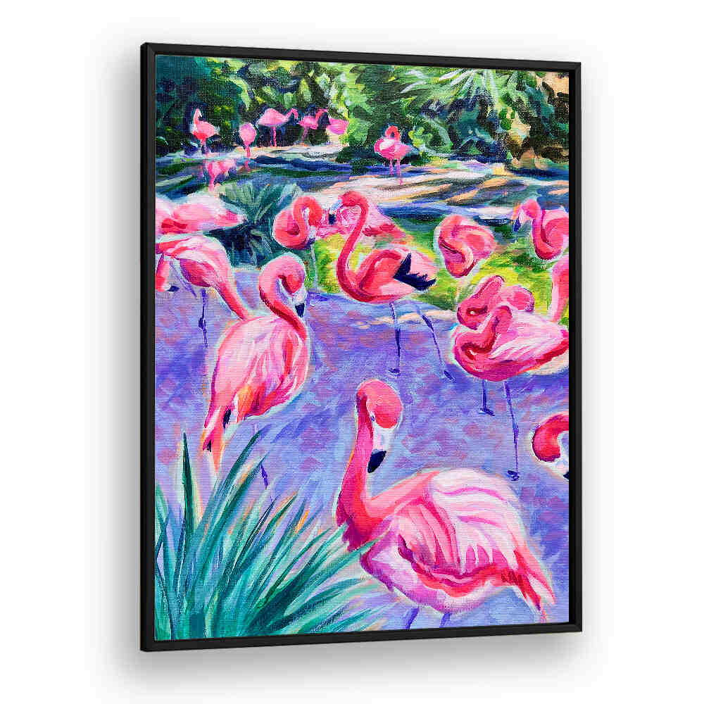 FLAMBOYANCE , ANIMAL PAINTINGS flamingo acrylic artwork with vivid pinks and textured brushwork by BLACKPLAIN
