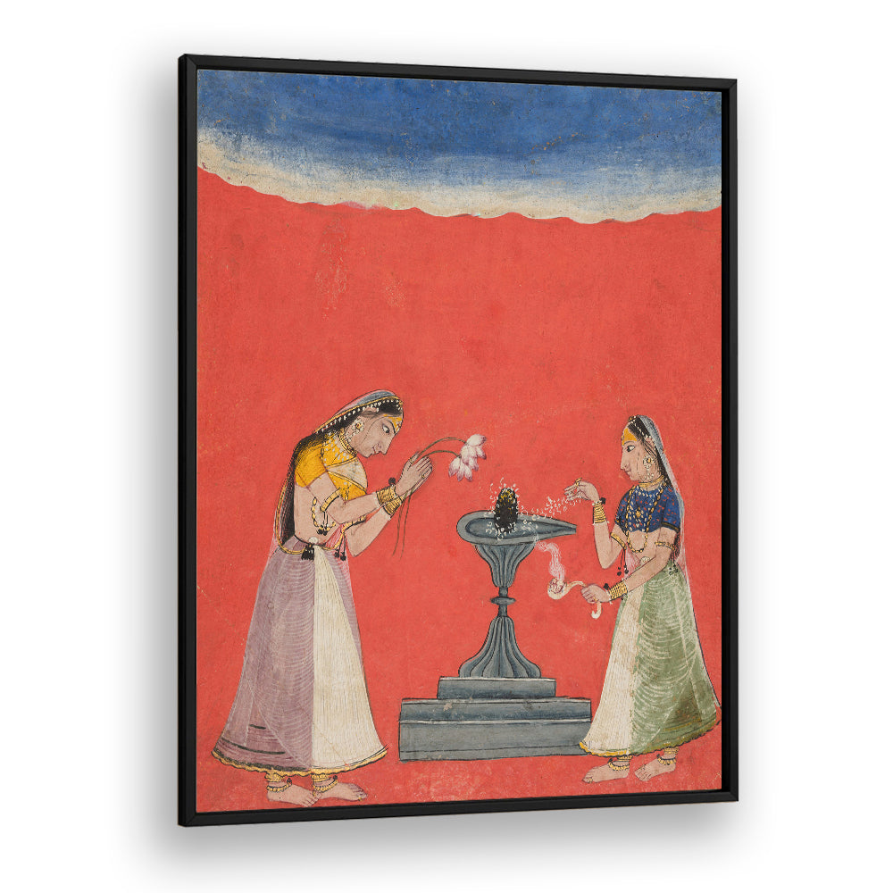 WOMEN WORSHIPPING A SHIVA LINGA , INDIAN ART PAINTINGS