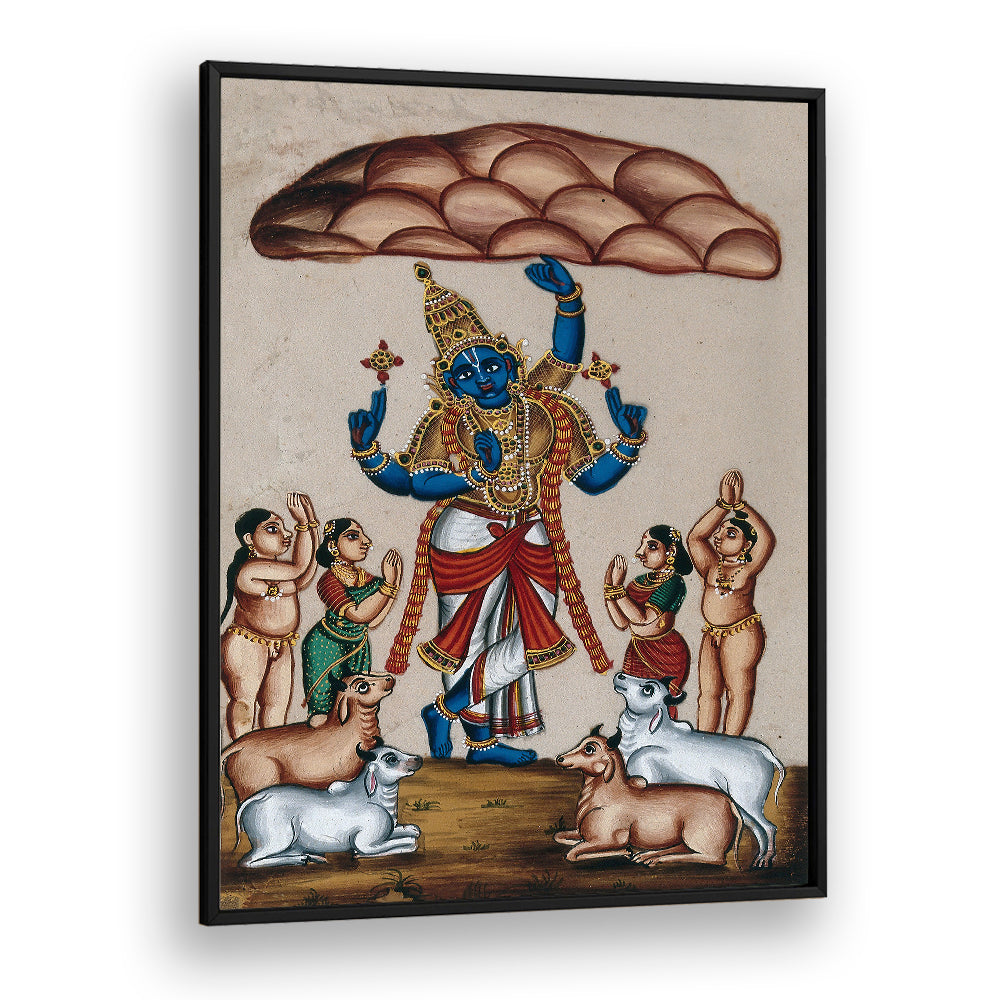 KRISHNA LIFTING MOUNT GOVARDHAN , INDIAN ART PAINTINGS