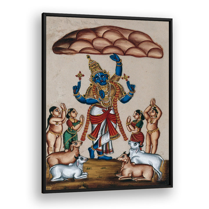 KRISHNA LIFTING MOUNT GOVARDHAN , INDIAN ART PAINTINGS