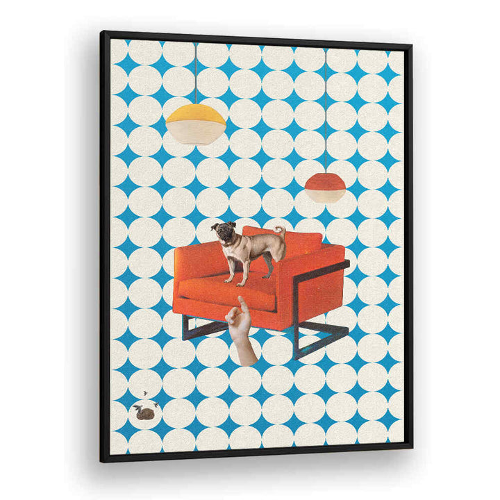 Surreal art print featuring a dog on an orange chair, titled IT WAS YOU, SURREAL ART PRINTS. Perfect for unique decor.